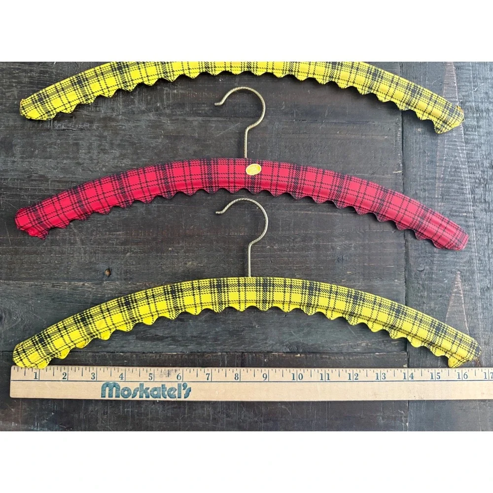 Vintage West Germany Padded Hangers Set 3 Plaid Tartan Scalloped Kitsch